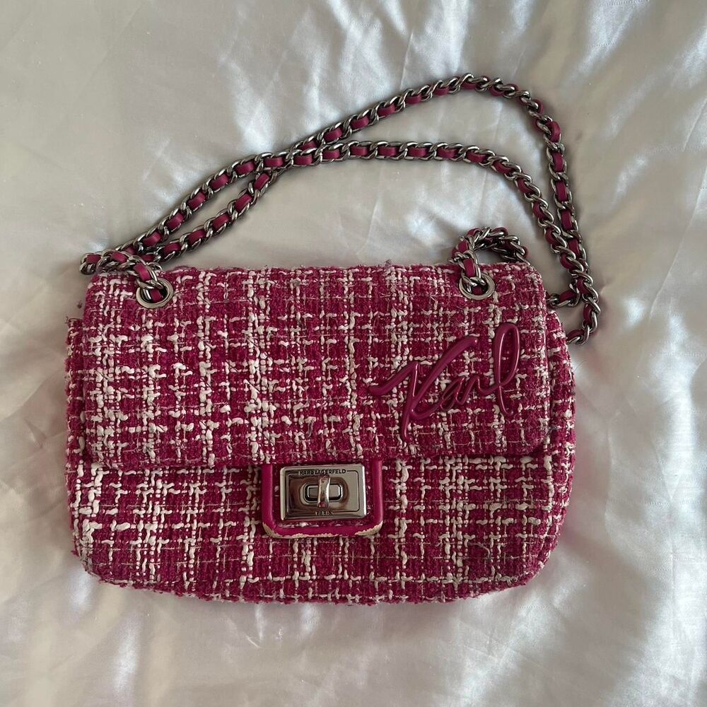 Karl Lagerfeld Paris Pink Tweed Chain Flap Bag